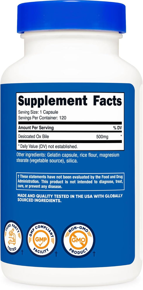 Nutricost Ox Bile Capsules, 500mg Per Serving, 120 Capsules - Gluten Free & Non-GMO