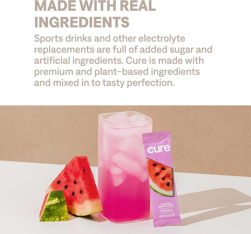 Cure Hydration Plant-Based Electrolyte Drink Mix, No Added Sugar, Coconut Water Powder, Vegan, 14 Packets - Watermelon