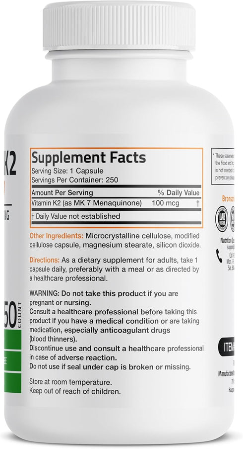K2 MK-7 100 250 Bronson Vitamin as Menaquinone mcg Non-GMO, Capsules