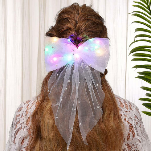 Jeairts Led Veil Bridal Bow Clip, Glowing White Tulle Hair Piece with Clip, Bachelorette Party Accessories for Women