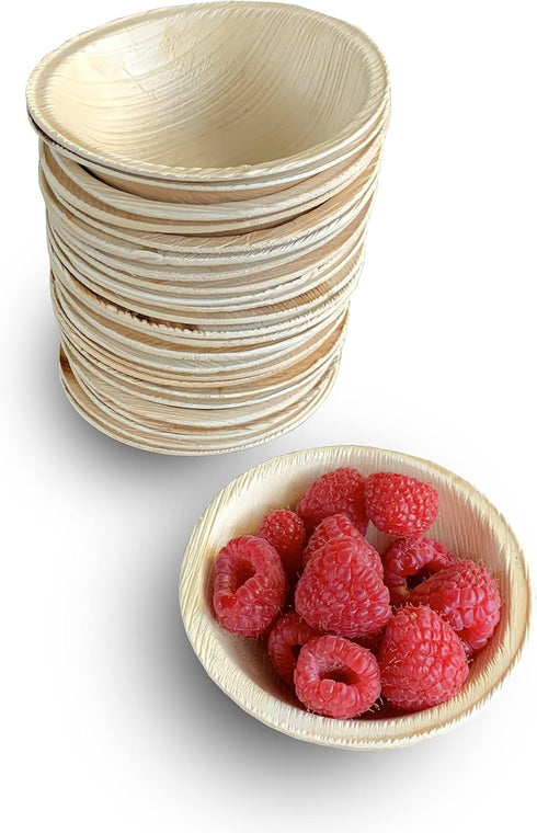 Raj Disposable Palm Leaf Bowls (25 Count, 4" Bowls), Strong Compostable Party Bowls for Lunch, Dinner, Birthday, Camping