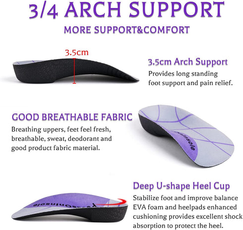 High Arch Support Insoles, 3/4 Length Orthotic Inserts for Plantar Fasciitis, Flat Feet, Over-Pronation, Relief Heel Spur Pain