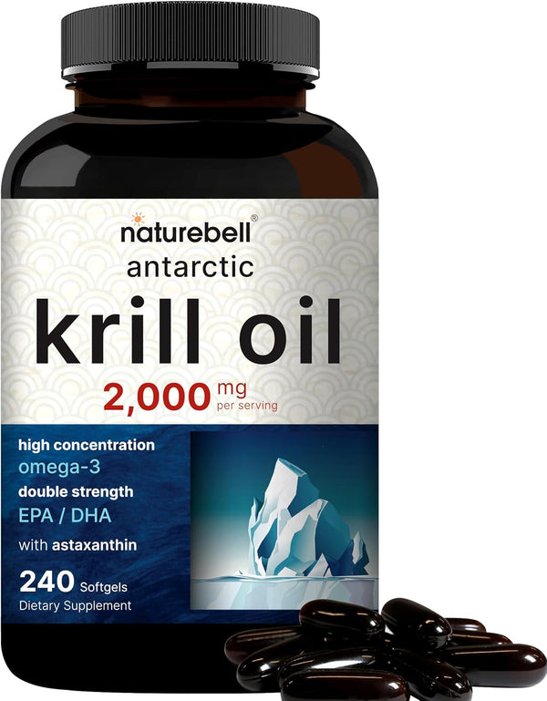 Antarctic Krill Oil 2000mg Supplement - 240 Softgels, Natural Source of Omega-3s, EPA & DHA, No Fishy Aftertaste