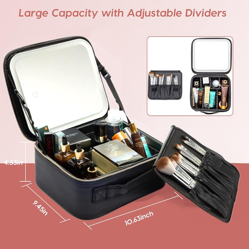 Travel Makeup Bag, Black Cosmetic Train Case with Lighted Mirror, Adjustable Brightness, Toiletry Storage Case for