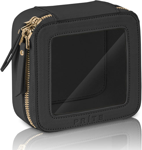 Mini Clear Makeup Bag for Purse - Cute Small Travel Cosmetic Bag for Women, Waterproof Leather Pouch with Gold Zipper