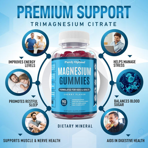 Purely Optimal Magnesium Citrate Gummies - 90 Gummies for Kids & Adults, Delicious Cherry Flavor for Sleep & Muscle