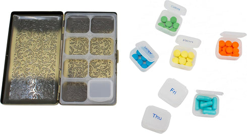 Set 2 (7-Day) of Metal-Plated Weekly Pill Box Case & Portable Medicine Organizer (Large Antique Brass Victorian)