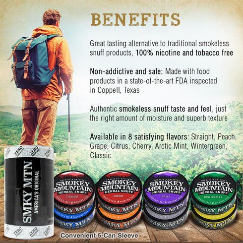 Smokey Mountain Herbal Long Cut Straight Snuff, 5 Can Box, Tobacco Free and Nicotine Free