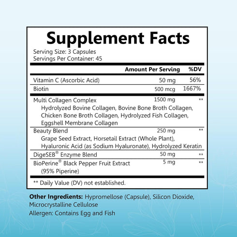 Multi Collagen Pills for Women, 135 Capsules | Types I II III V X with Vitamin C, Hyaluronic Acid, Biotin & Digestive
