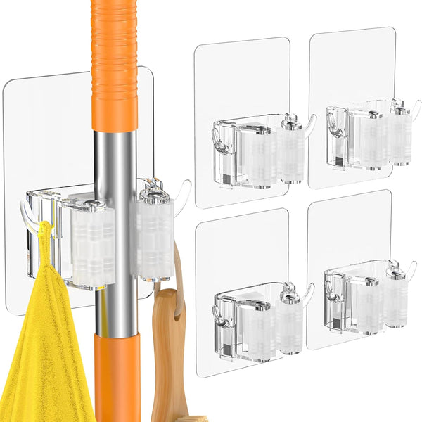 Batur Broom Holder Wall Mount, 4 Pack Anti-Slip Mop and Broom Organizer, Adhesive Hanger for Bathroom Kitchen Laundry