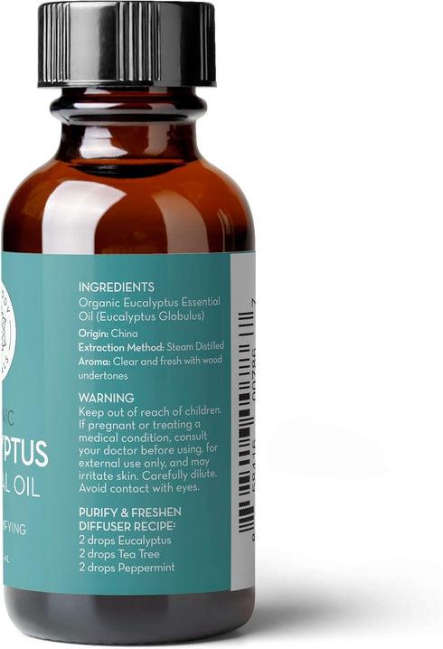 Pure Body Naturals Organic Eucalyptus Essential Oil, 1 fl oz - Pure and Undiluted Therapeutic Grade for Aromatherapy