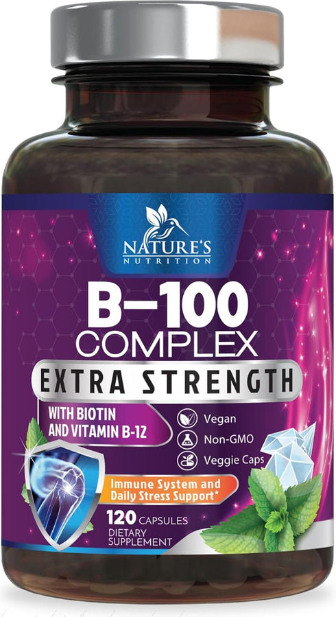 B Complex Vitamins with Folate, 120 Vegan Capsules, Energy, Brain & Immune Support for Women & Men