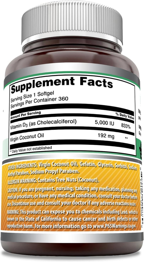 Amazing Formulas Vitamin D3 Supplement, 5000 IU, 360 Softgels, Non-GMO, Gluten-Free, Made in USA