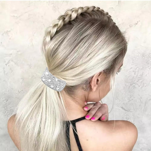YISSION 4Pcs Sparkly Rhinestone Hair Ties, Fancy Crystal Ponytail Holders for Thin Thick Hair, Silver Accessories