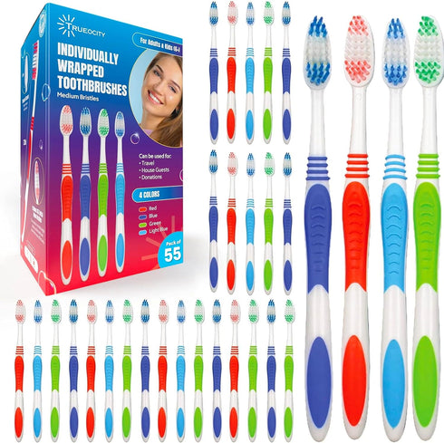 Toothbrushes Bulk Individually Wrapped - 55 Pack, Medium Bristles, Multi-Colored Toothbrushes for Adults and Kids
