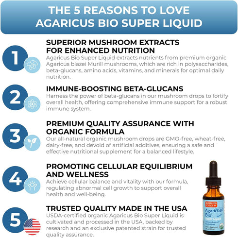 Immune 30 ml Agaricus Bio Super Liquid, Organic Blazei Mushroom Extract Tincture, Fruiting Body Beta-Glucan Drops