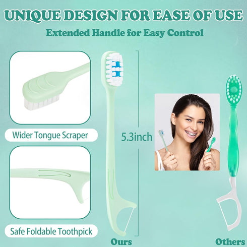 5-in-1 Travel Toothbrush Set - Prepasted Mini Toothbrushes with Toothpaste, Tongue Scrapers, Floss, Pick, Mint, 12 Pack