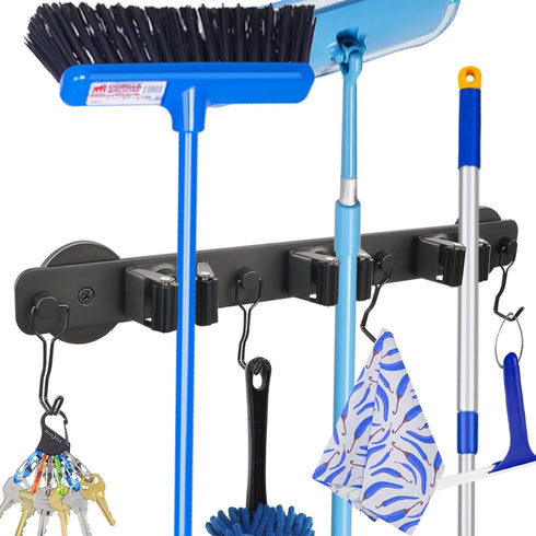Strong Magnetic Mop Broom Holder - Heavy Duty Hanger with 4 Hooks for Organizing Cleaning Tools in Garage or Kitchen