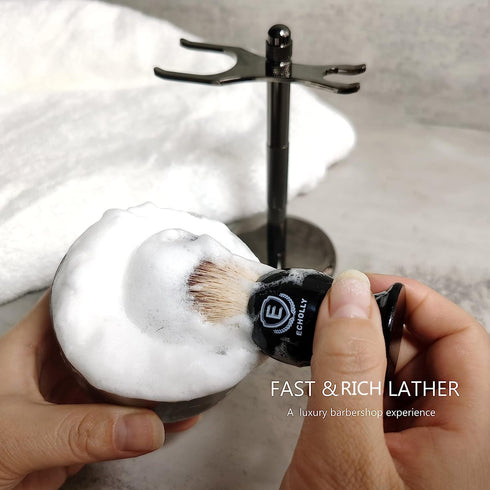 Premium Shaving Brush Kit - 3 in 1 Set for Men with Badger Synthetic Hair Brush, Stainless Steel Soap Bowl, Safety