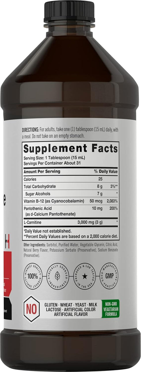 Horbaach L-Carnitine Liquid 3000mg | 16 fl oz | Berry Flavor | Vegetarian Non-GMO Gluten Free Supplement