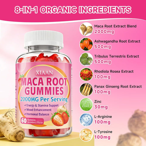 Gummies 60 Count Maca Root for Women & Men, Organic Maca Root Supplement with Ashwagandha for Energy & Strength