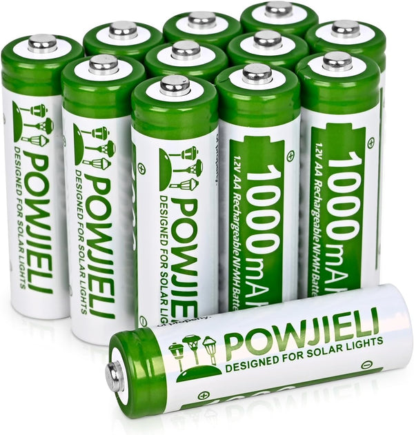 Ni-MH Rechargeable AA Batteries, 1.2V 1000mAh High Capacity Pre-Charged for Solar Lights, 12 Pack
