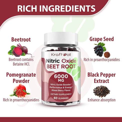 Nitric Oxide Beet Root Gummies 6000MG Supplements - Sugar Free Beetroot Grapeseed Powder
