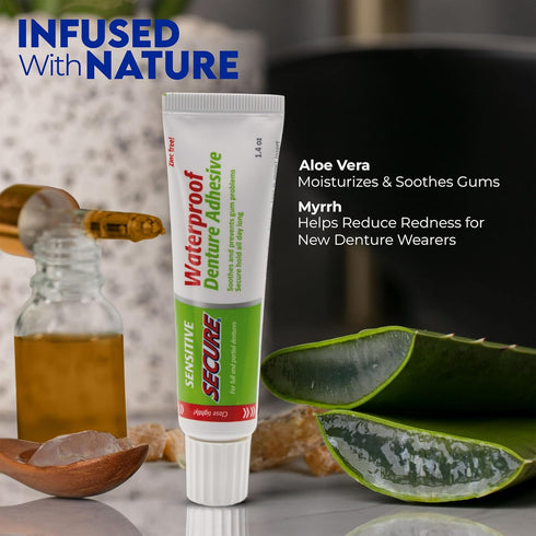 Secure Sensitive Denture Adhesive with Aloe Vera & Myrrh, 12-Hour Max Hold, 1.4 oz