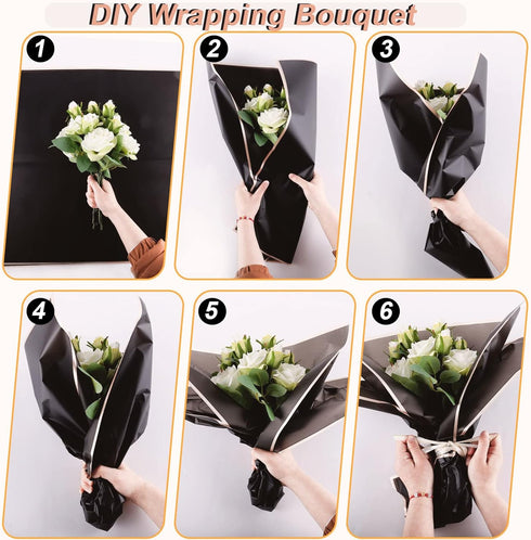 VOWOVOSDAY 20 Pcs Black Flower Wrapping Paper, Waterproof Floral Bouquet Packing Material with Ribbon for DIY Craft Gift