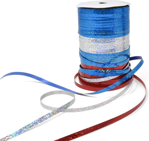 Patriotic Metallic Shiny Curling Ribbon Pack of 3 Spool Rolls Red Blue & Silver Curly Balloon String Ribbons, 4th of July Holiday Gift Wrapping Florist Party Crafts Supplies Decor, 350 Yards Per Roll