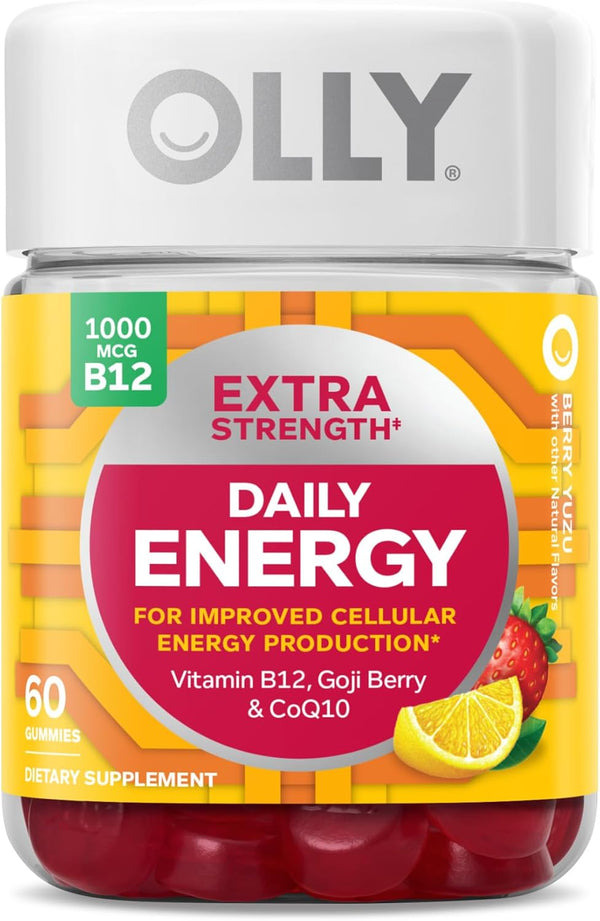 OLLY Extra Strength Daily Energy Gummy, 60 Count, Caffeine Free, 1000mcg Vitamin B12, CoQ10, Berry Yuzu Flavor