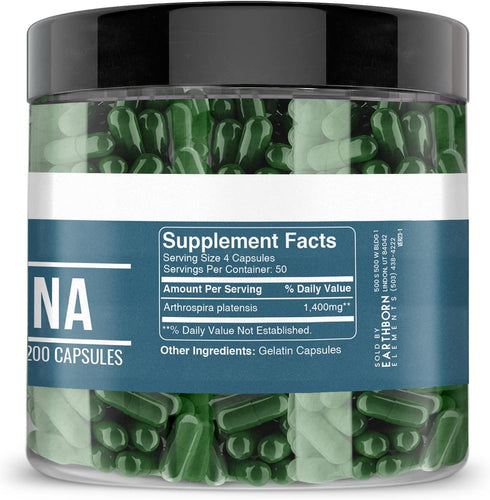 Earthborn Elements Spirulina, 200 Capsules, Pure & Undiluted, No Additives