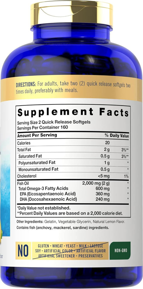 Carlyle Fish Oil Supplements | 2000mg | 320 Softgels | EPA & DHA | 600mg Total Omega-3 | Non-GMO, Gluten Free Pills