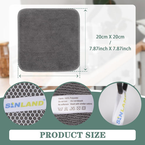 SINLAND Microfiber Dish Cloth | 10 Pack | Best Kitchen Washcloth Cleaning Cloths with Poly Scour Side (Grey)