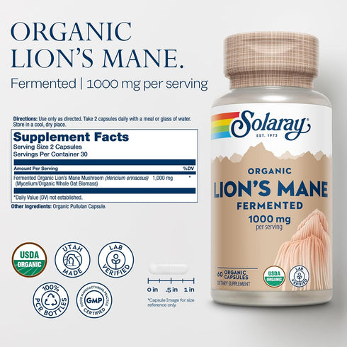 SOLARAY Organic Lions Mane Supplement Capsules - 1000 mg Lion's Mane Organic Mushrooms, 60 VegCaps, Vegan, 30 Servings