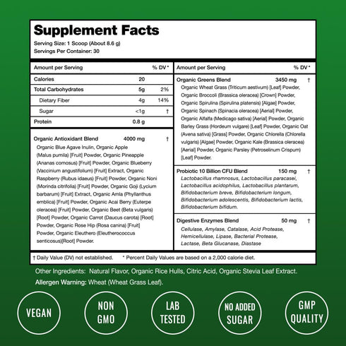NutraChamps Super Greens Powder Premium Superfood | 20+ Organic Green Veggie Whole Foods | Antioxidant, Digestive