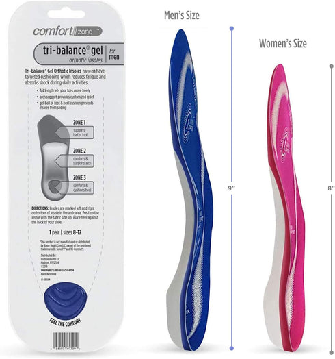 Comfort Zone Tri-Balance Gel Orthotic Insoles for Men, 3/4 Length Inserts for Men‘s Shoe Sizes 8-12