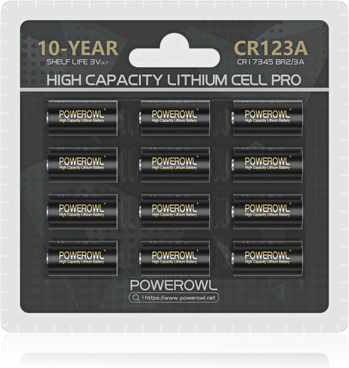 POWEROWL CR123A 3V Lithium Battery 12 Count - High Capacity 123A Batteries, Long-Lasting Power