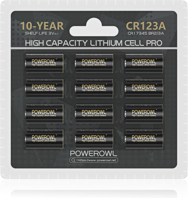 POWEROWL CR123A 3V Lithium Battery 12 Count - High Capacity 123A Batteries, Long-Lasting Power