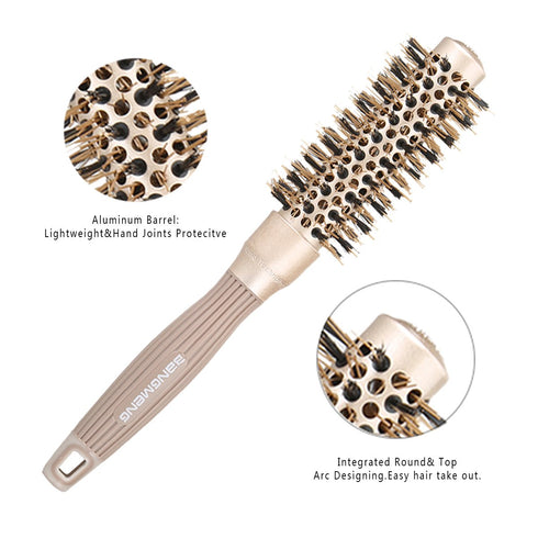 Round Brush with Boar Bristles - 1 inch Barrel, Nano Thermal Ceramic Ionic Tech for Straightening, Gold