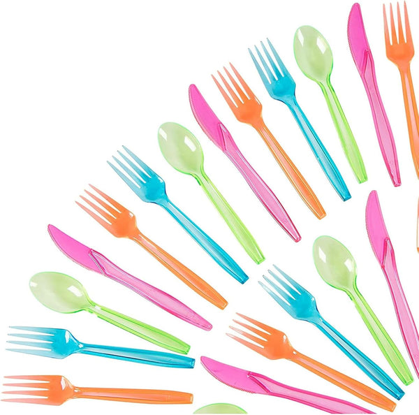 Juvale 216 Piece Rainbow Plastic Silverware Set, Neon Forks, Spoons, Knives for Parties