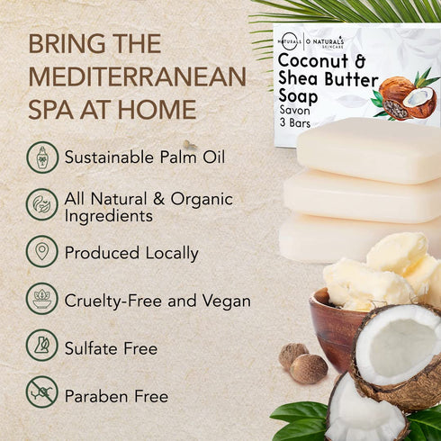 O NATURALS 3-Pack Organic Coconut & Shea Butter Soap Bar, 4oz each, 100% Vegan Handmade Soap