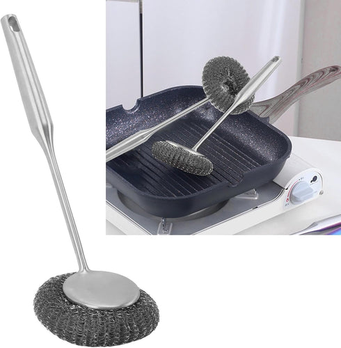 Stainless Steel Wool Scrubber with Long Handle, Handheld Scrubbing Brush for Pots and Pans Cleaning