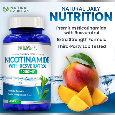 Natural Vitamin Extra Strength Nicotinamide with Resveratrol 1200mg, 120 Veggie Capsules Gluten Free & Non-GMO
