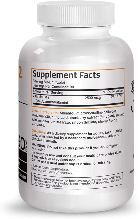 Vitamin B12 2500mcg Shot of Energy Fast Dissolve Chewable Tablets - Quick Release Cherry Flavored Sublingual B12 Vitamin - Supports Nervous System, Healthy Brain Function Energy Production – 90 Count