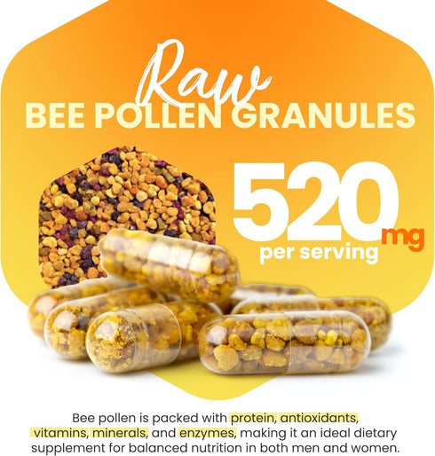 HONEYBEEZONE%100 Natural Raw Bee Pollen Granules in Capsules, Superfood, Vitamin B, Antioxidants, Minerals, Enzymes, Proteins, Amino acids, 500mg 60 Veggie Capsules, Keto Friendly Gluten-Free, Non-GMO
