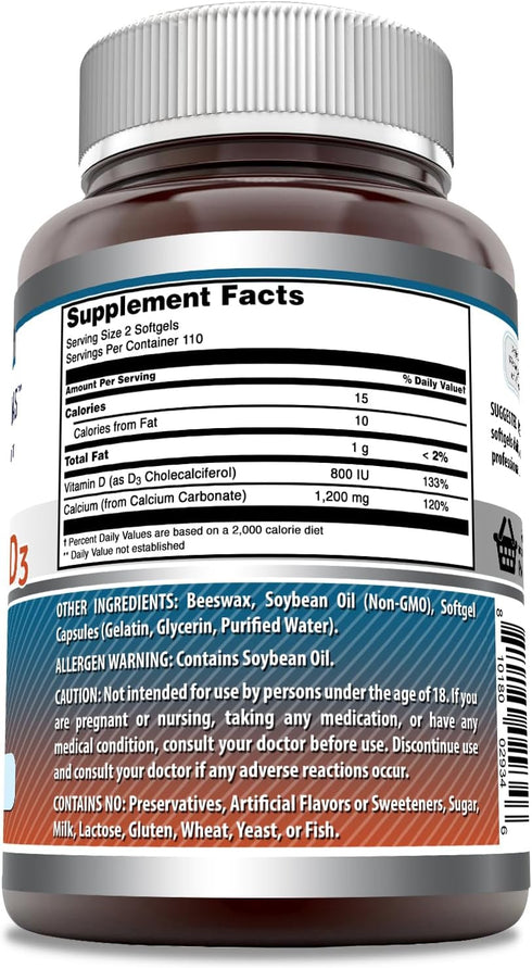 Amazing Formulas Calcium with Vitamin D3, 220 Softgels Supplement, Non-GMO, Gluten Free