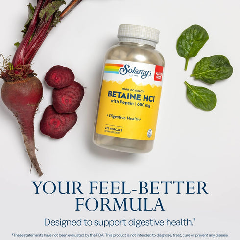 SOLARAY Betaine HCL with Pepsin - High Potency Hydrochloric Acid Formula for Healthy Digestion, 60-Day Guarantee, 275