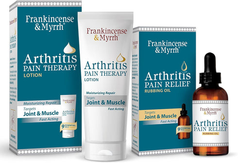 FRANKINCENSE & MYRRH Arthritis Combo Pack, Pain Relief Rubbing Oil 2 oz. and Therapy Lotion 3 oz. with Essential Oils.