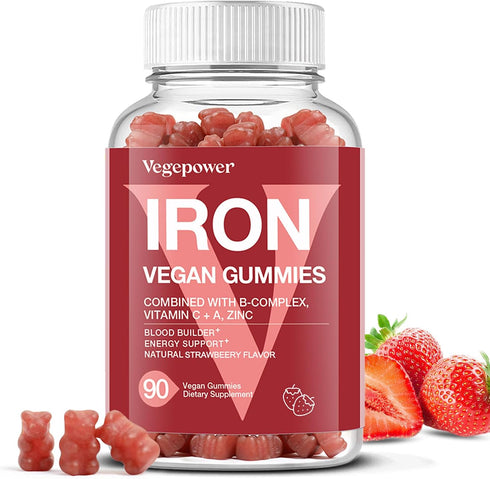 Iron Gummies for Women & Kids - Blood Builder with Vitamin C for Max Absorption, Vegan Strawberry Flavor - 90 Count